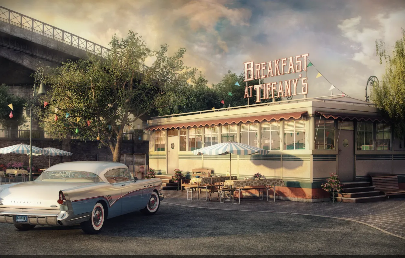 Photo wallpaper car, render, cafe, Buick Roadmaster, Breakfast at Tiffany's