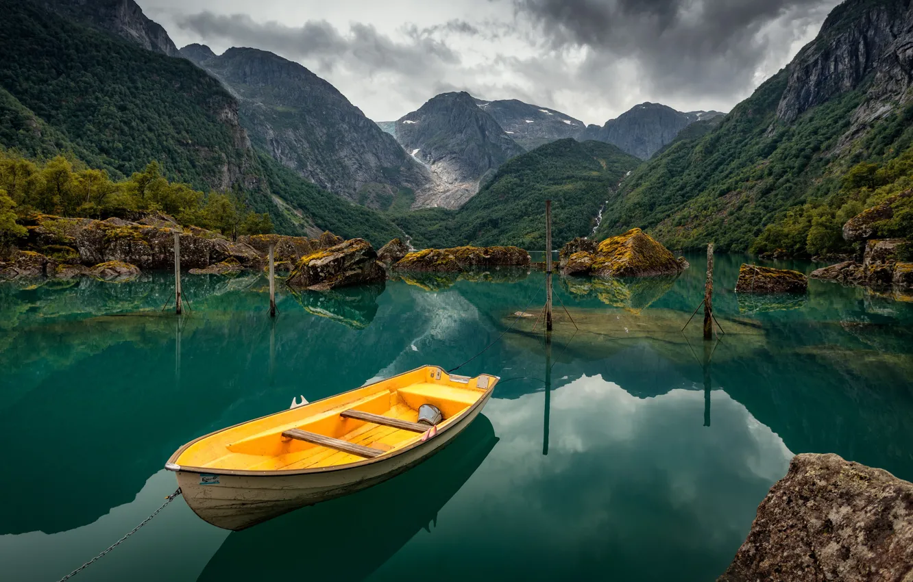 Photo wallpaper landscape, mountains, nature, lake, boat, Alexander the Silent