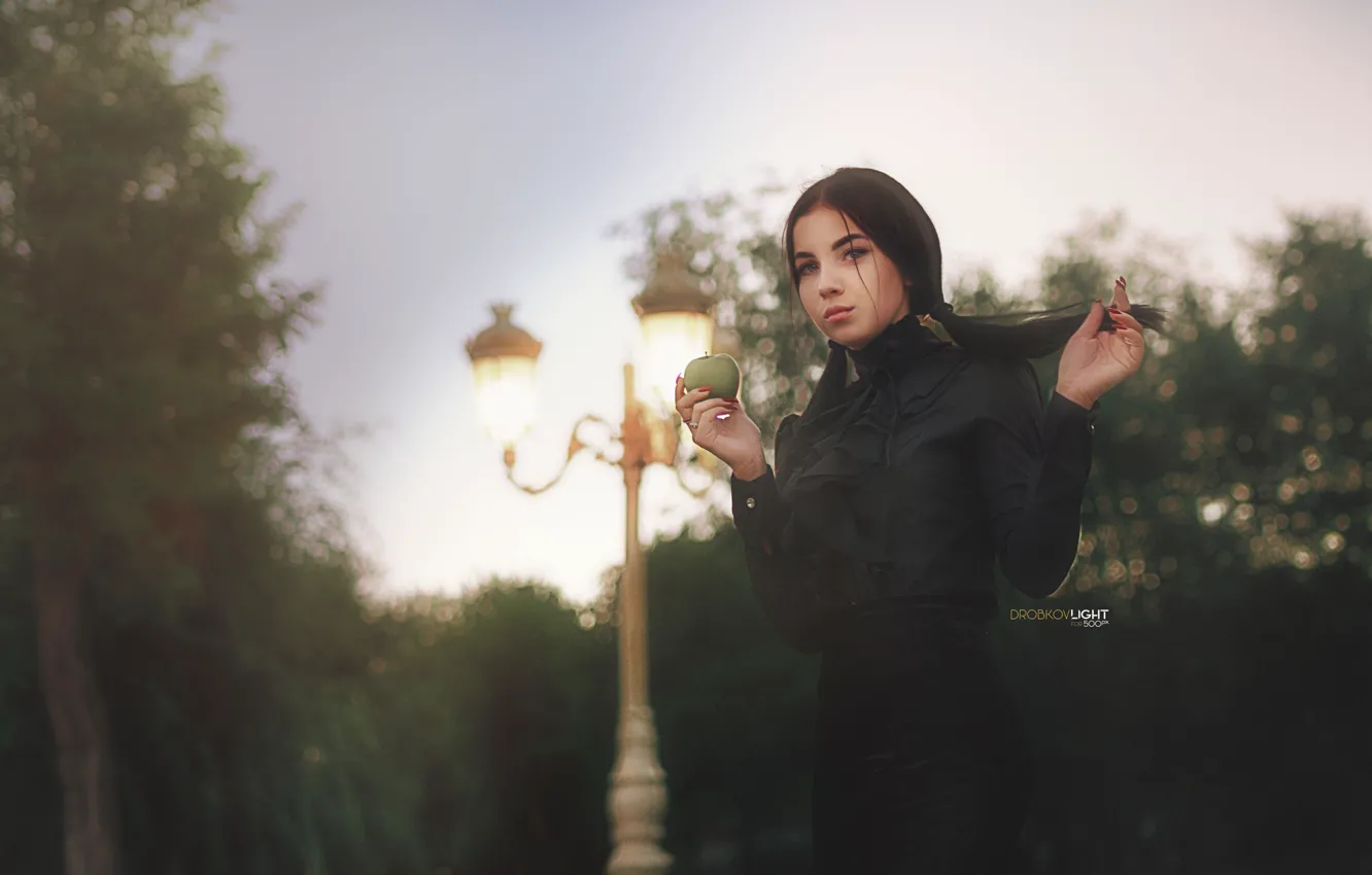Photo wallpaper girl, apples, skirt, brunette, lights, Alexander Drobkov-Light, Angelina Sorokina