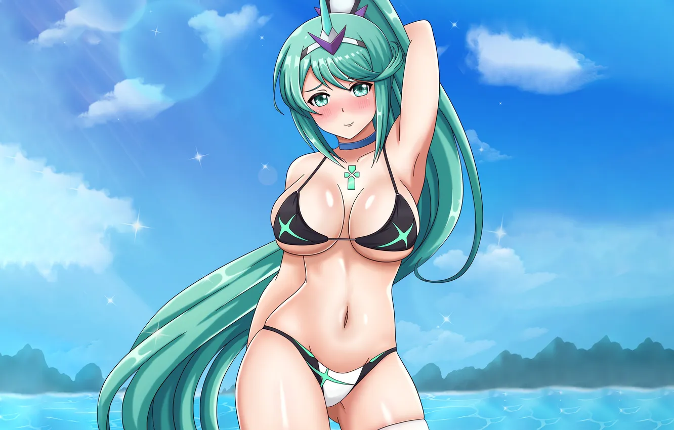 Photo wallpaper girl, sexy, cleavage, river, green eyes, long hair, nature, boobs