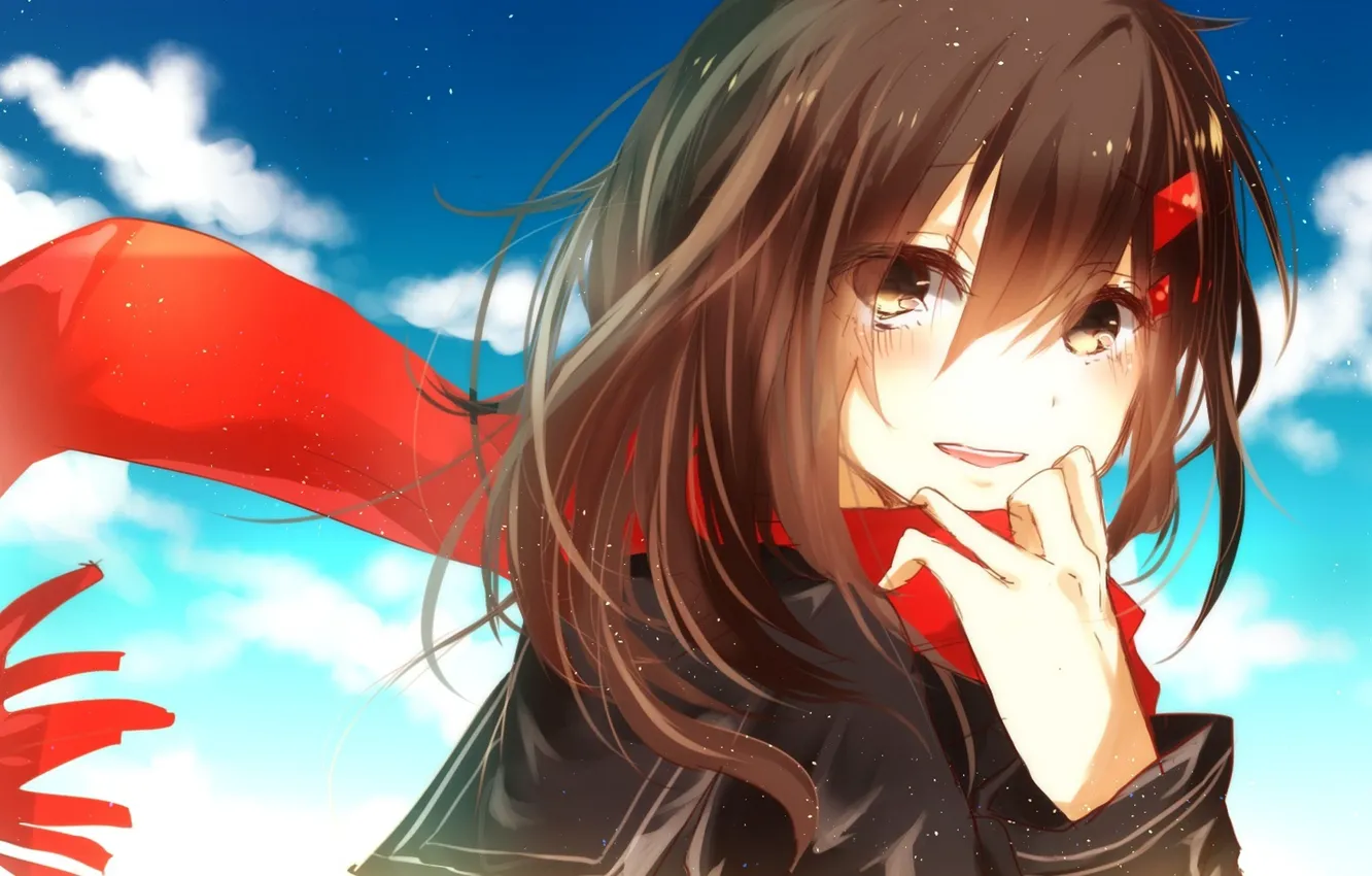 Photo wallpaper the sky, girl, clouds, joy, anime, scarf, tears, art