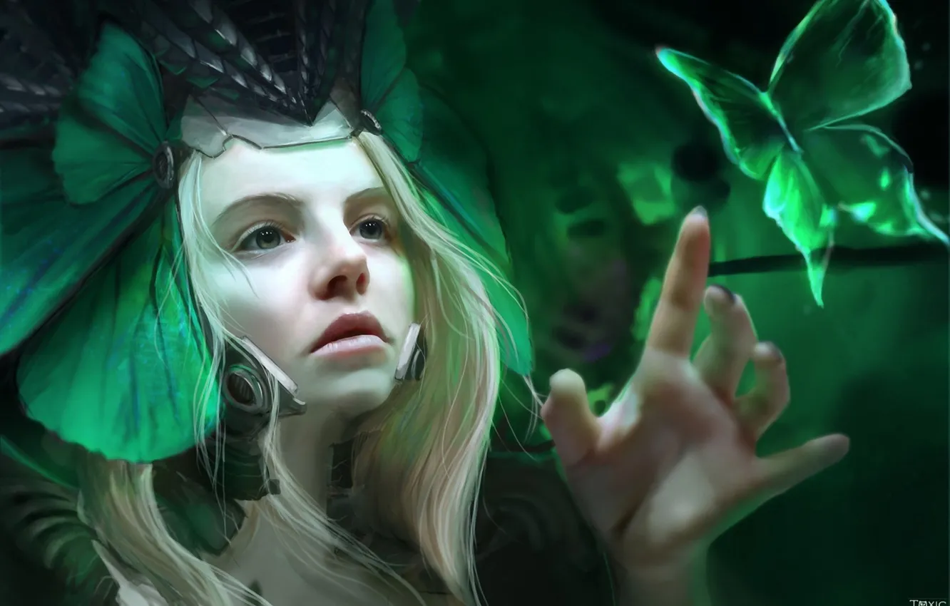 Photo wallpaper greens, girl, face, butterfly, art, helmet