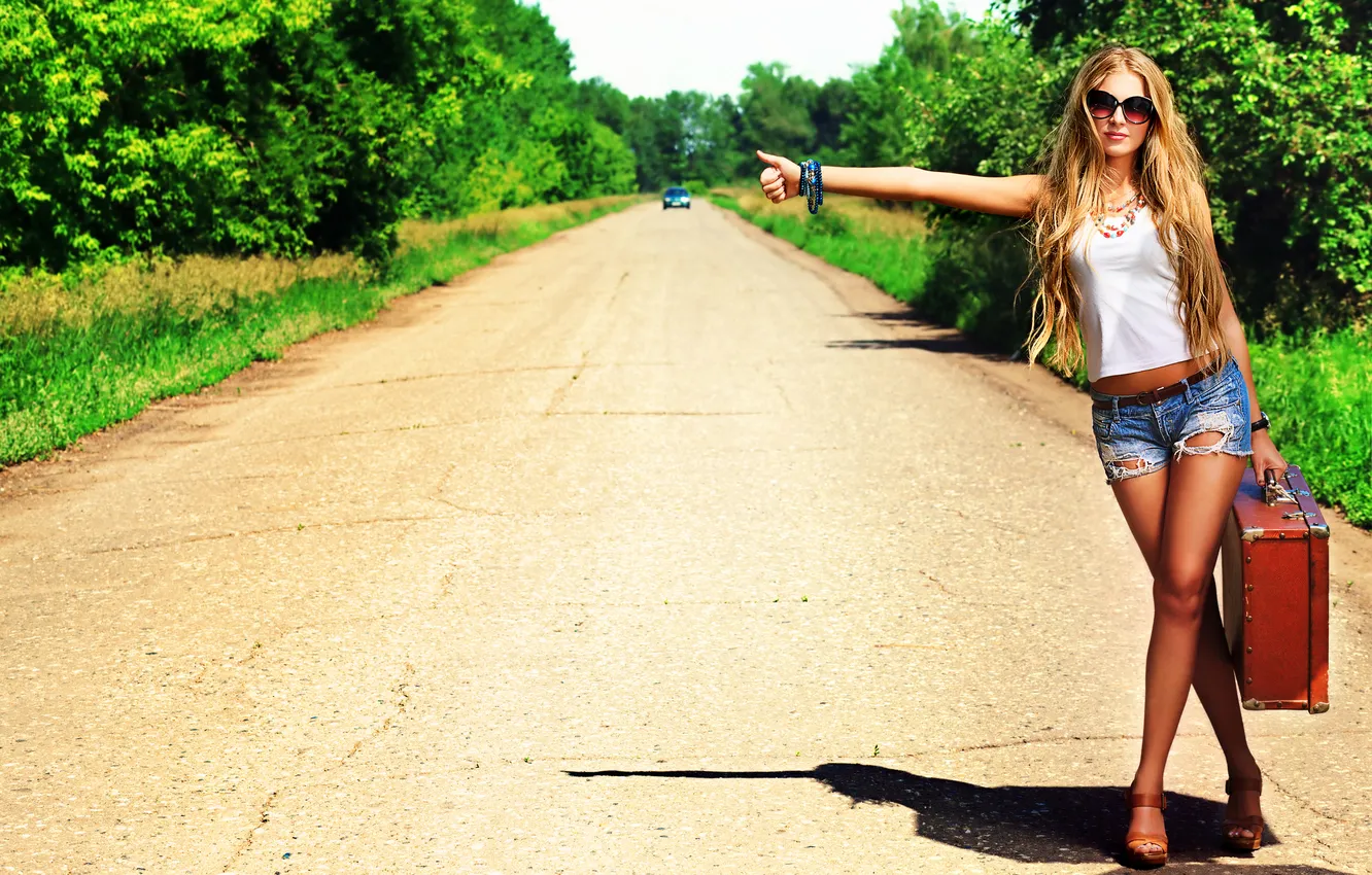 Photo wallpaper road, girl, shorts, Mike, blonde, bracelet, suitcase, long-haired
