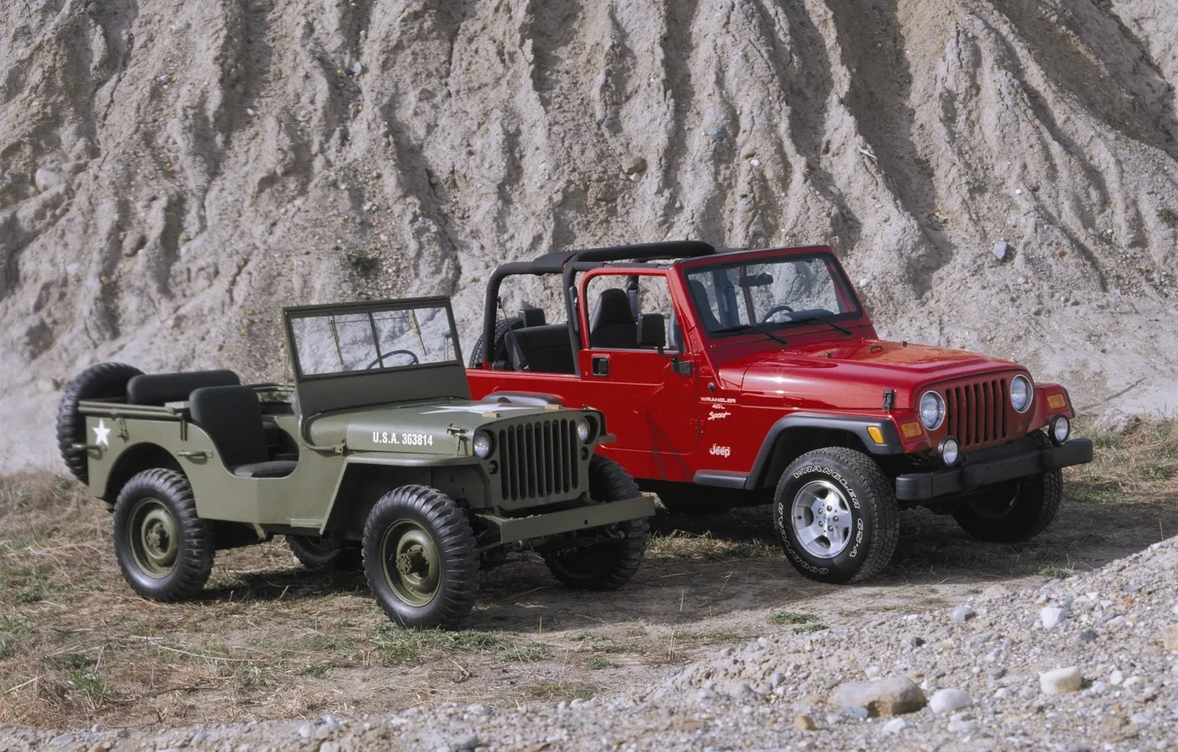 Photo wallpaper stones, mountain, old, jeep, new, mixed, Wrangler, Willys MB