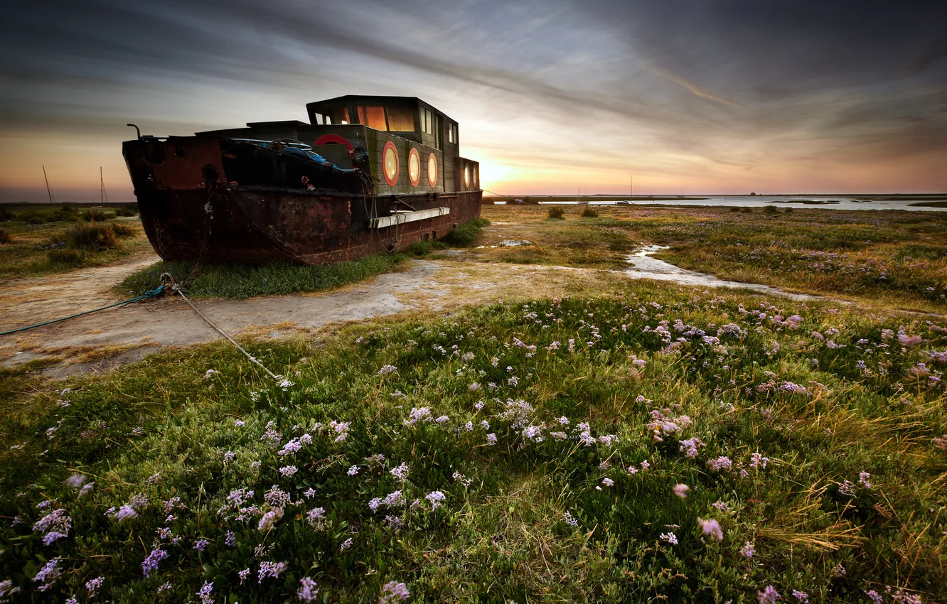 Photo wallpaper the sky, clouds, shore, boat, Barkas