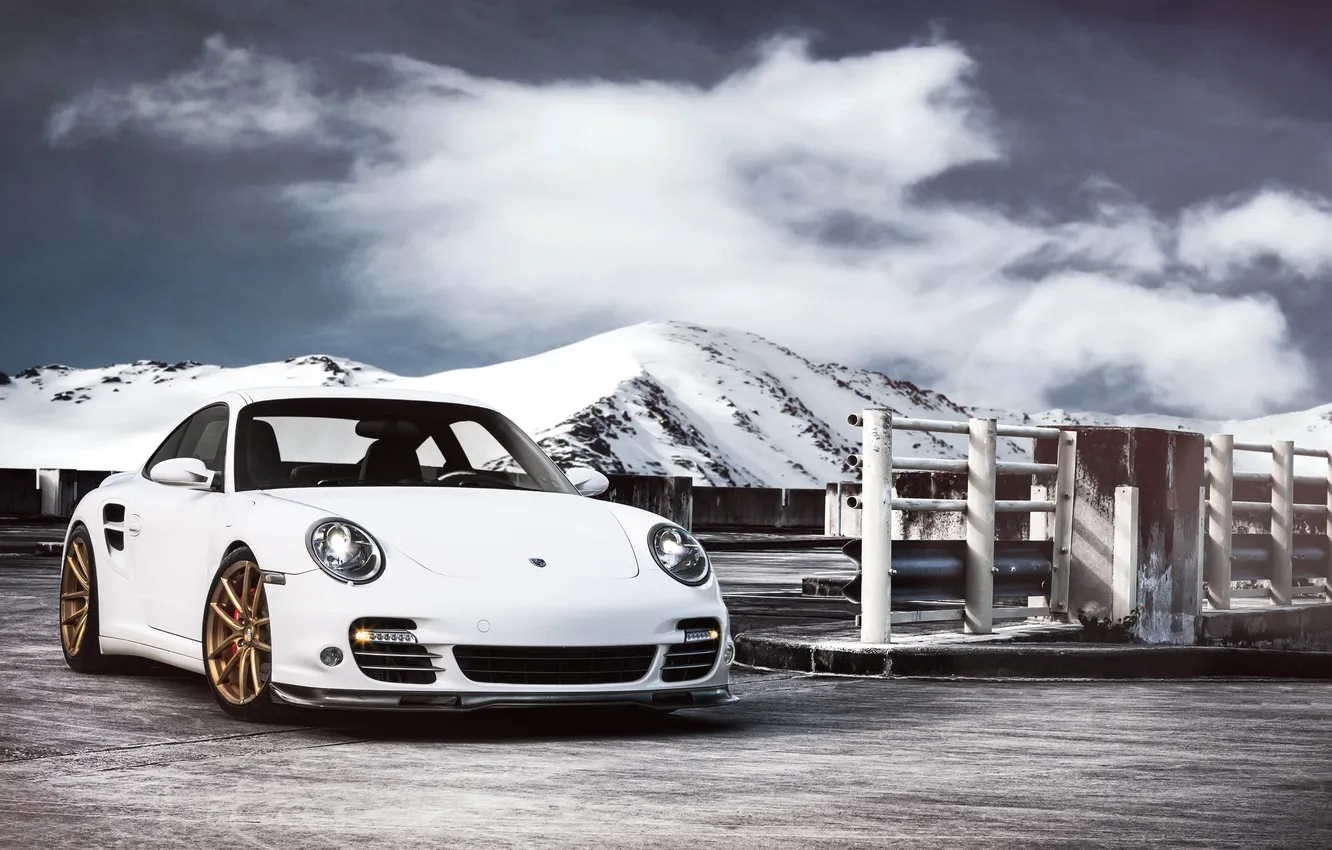 Photo wallpaper white, mountains, 911, 997, Porsche, white, Porsche, Front