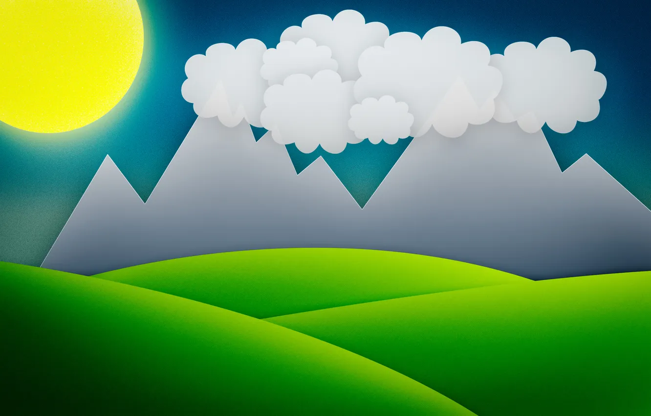 Photo wallpaper grass, the sun, mountains, clouds