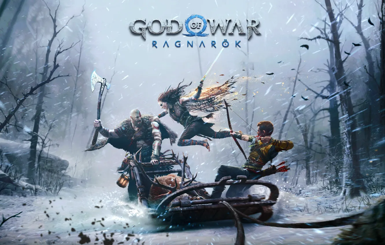 Photo wallpaper sword, ice, god of war, weapon, kratos, snow, blow, man