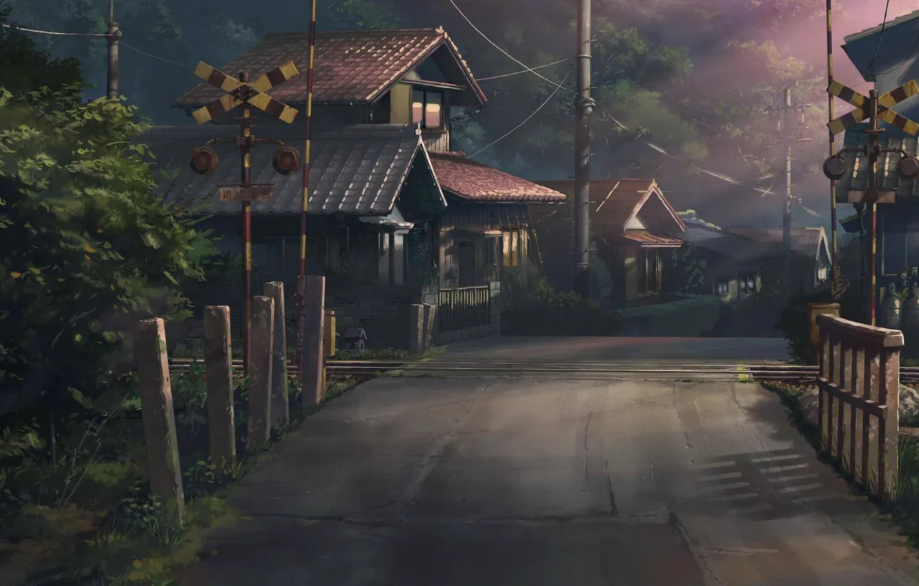 Photo wallpaper summer, light, trees, street, home, anime, railroad, Catchers of forgotten votes