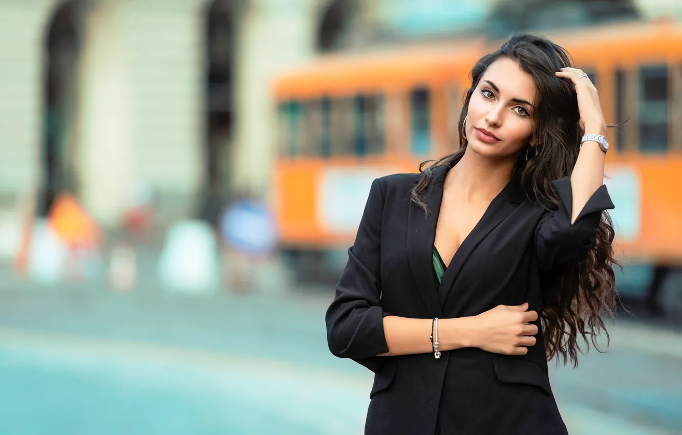 Photo wallpaper road, background, street, model, portrait, makeup, brunette, hairstyle