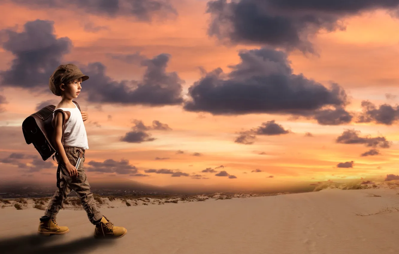 Photo wallpaper sand, sunset, desert, the situation, boy, cap, satchel