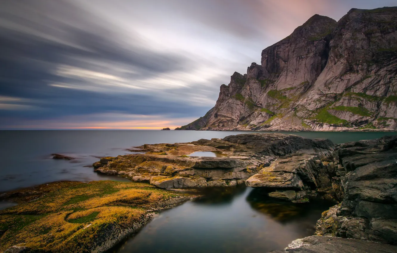 Photo wallpaper sea, the sky, stones, rocks, coast, horizon, Norway, Lofoten