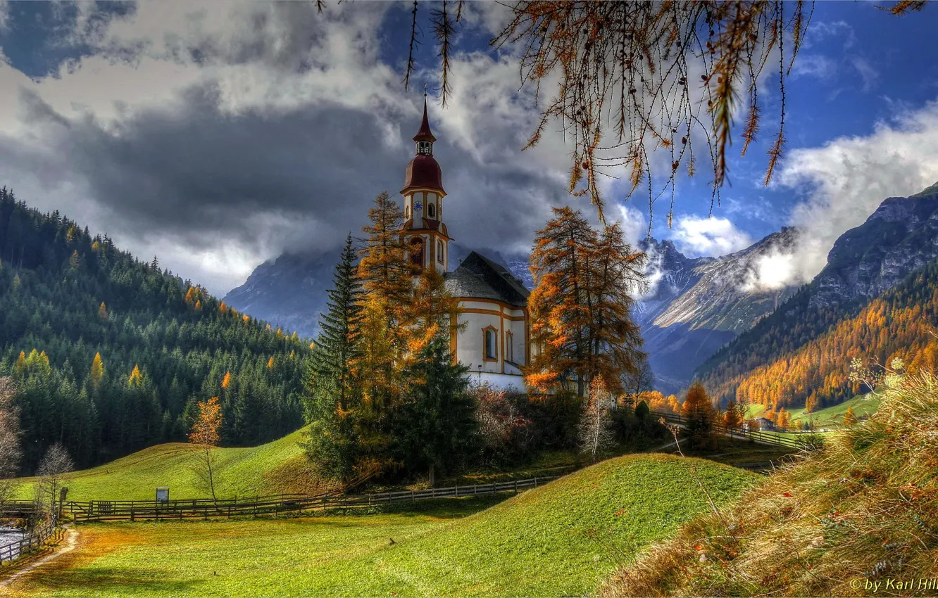 Photo wallpaper forest, the sun, Austria, Church, Obernberg am Brenner, Tribulaune
