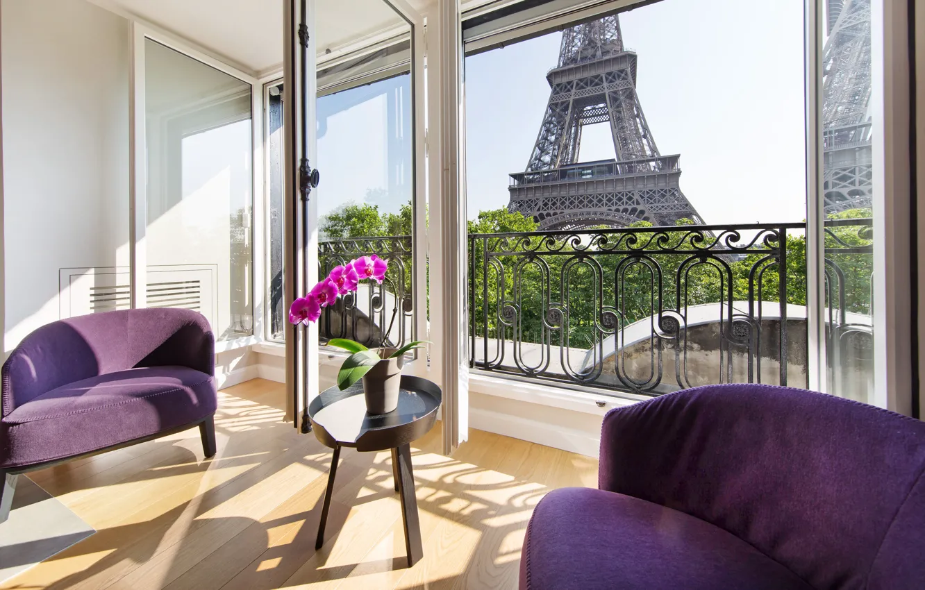 Photo wallpaper room, interior, chairs, Paris, France, living room, Posh Apartment in Paris, view of the Eiffel …