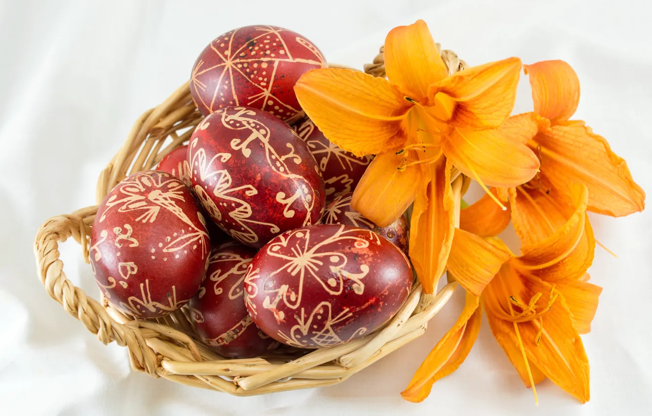 Photo wallpaper Lily, eggs, Easter, basket