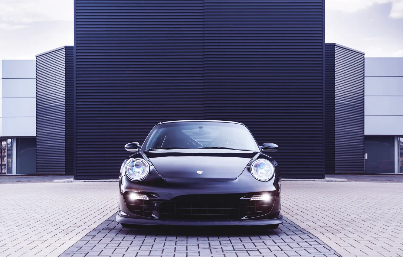 Photo wallpaper Auto, Black, 911, Porsche, Machine, The hood, The building, Lights