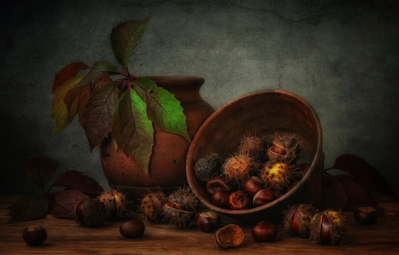 Photo wallpaper leaves, fruit, bowl, still life, chestnuts, pot
