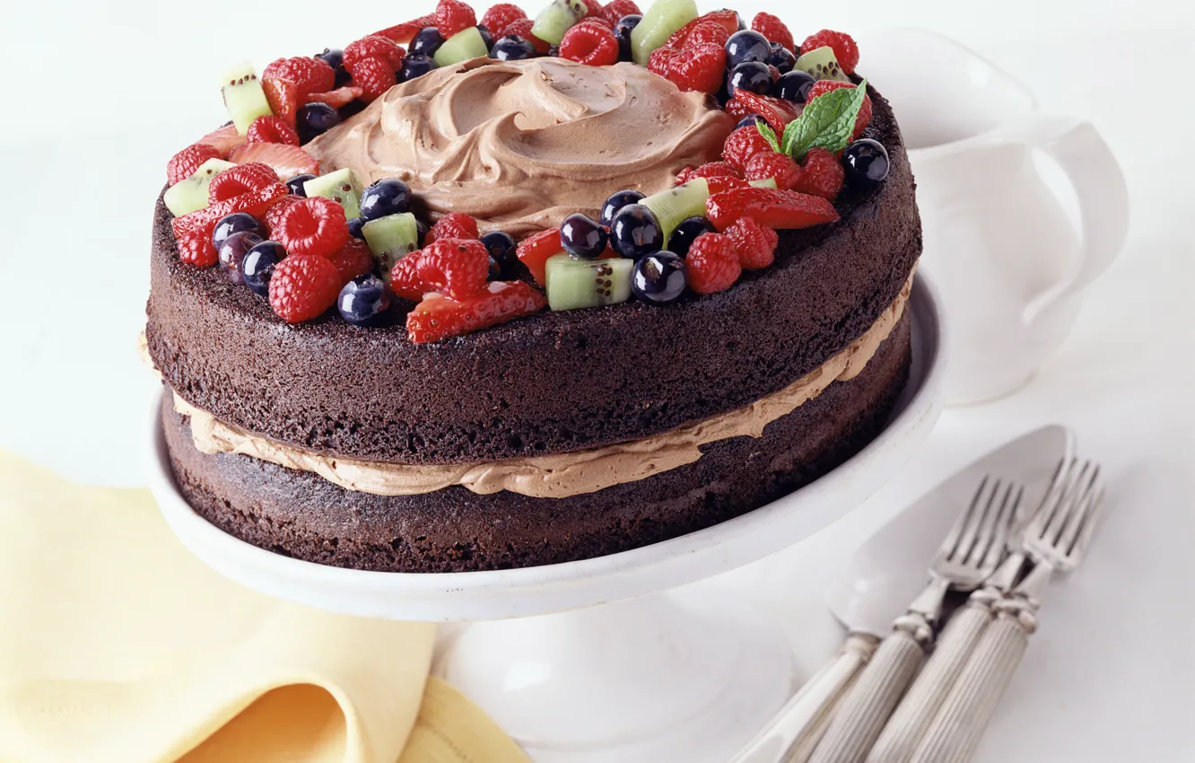 Photo wallpaper berries, cake, fruit, cream, dessert, fork, cakes