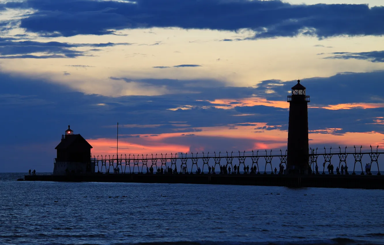 Photo wallpaper sea, the sky, light, clouds, people, lighthouse, the evening, pier