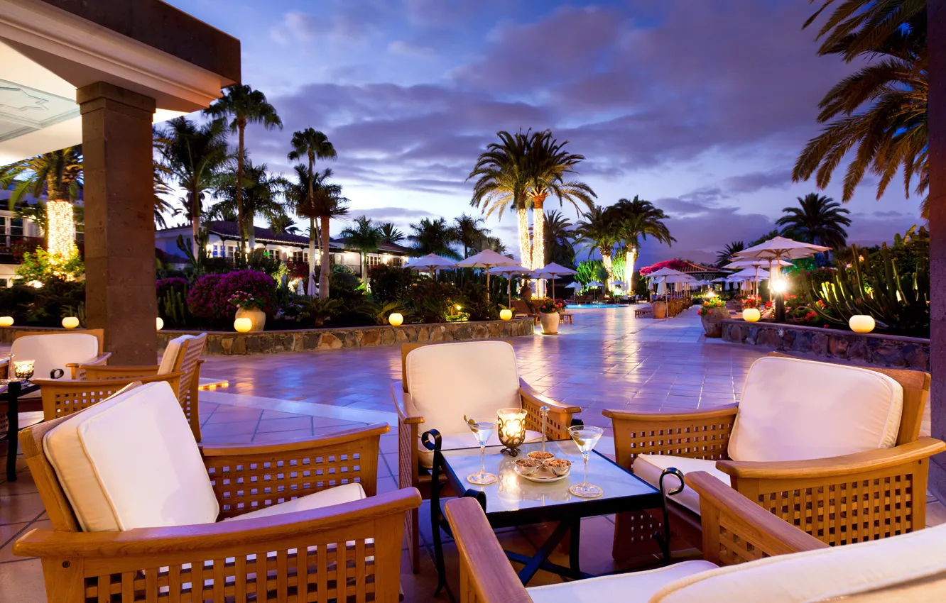 Photo wallpaper palm trees, the evening, terrace, seaside hotel