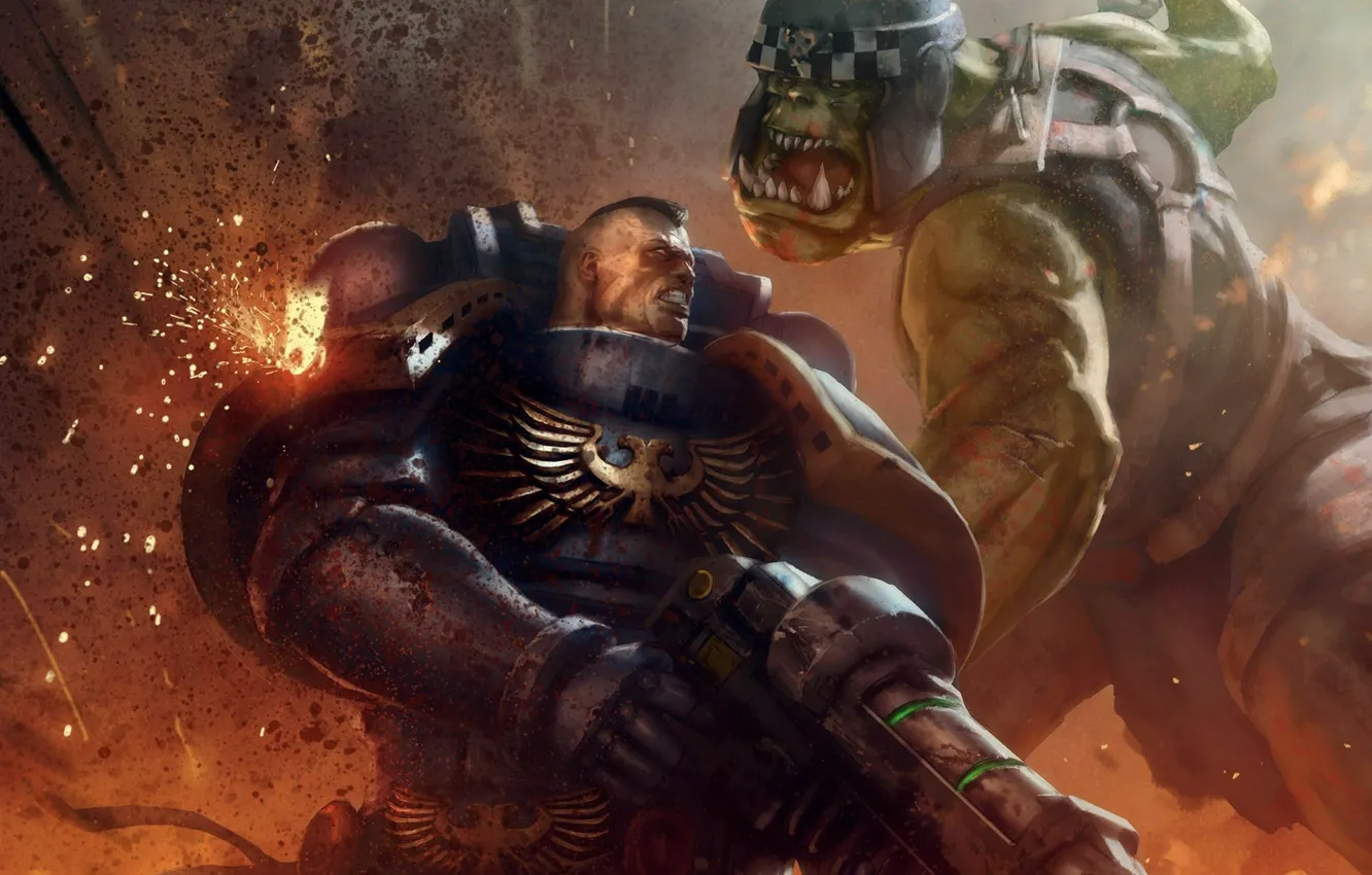 Photo wallpaper fiction, Warhammer, Warhammer 40000, art, space marine, warhammer 40k, orc, ultramarine