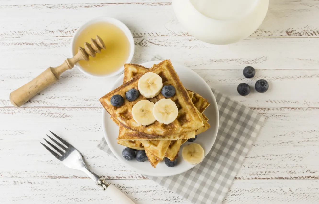 Photo wallpaper berries, Breakfast, blueberries, honey, banana, waffles