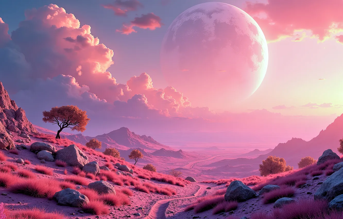 Photo wallpaper road, the sky, clouds, trees, mountains, sky, nature, mountains