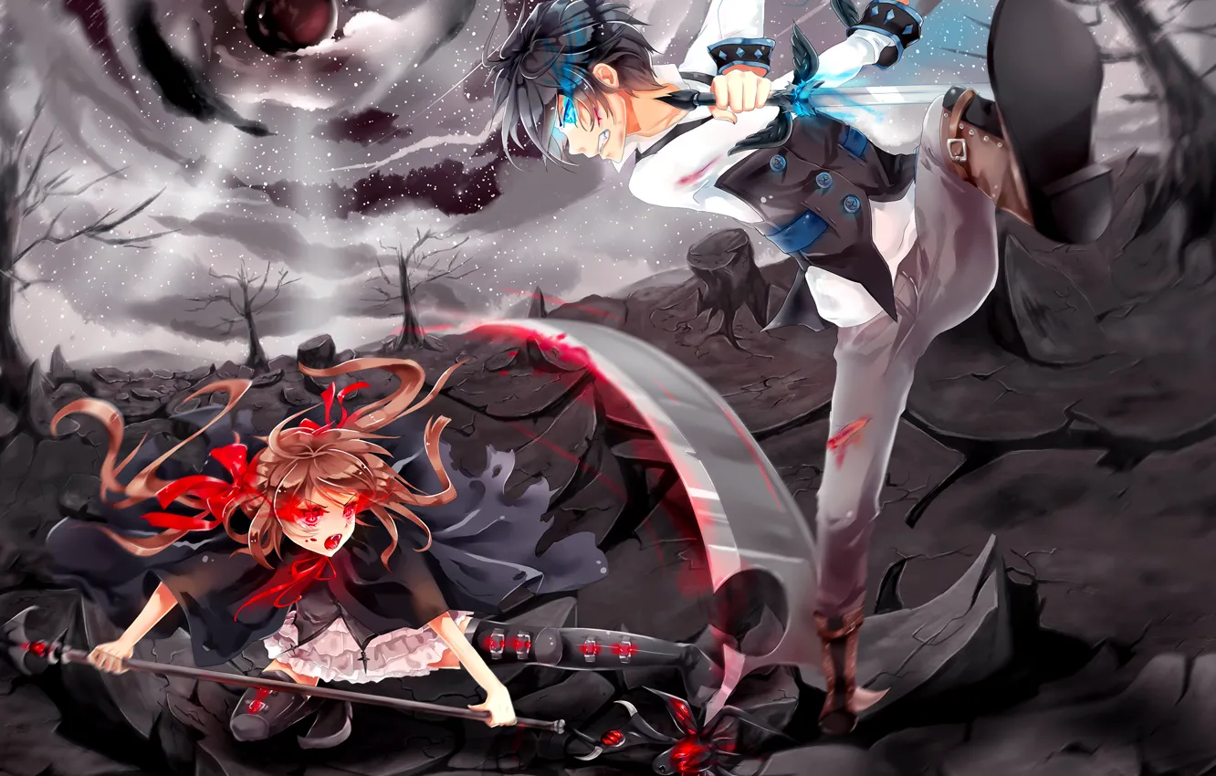 Photo wallpaper the sky, girl, clouds, trees, weapons, blood, sword, anime