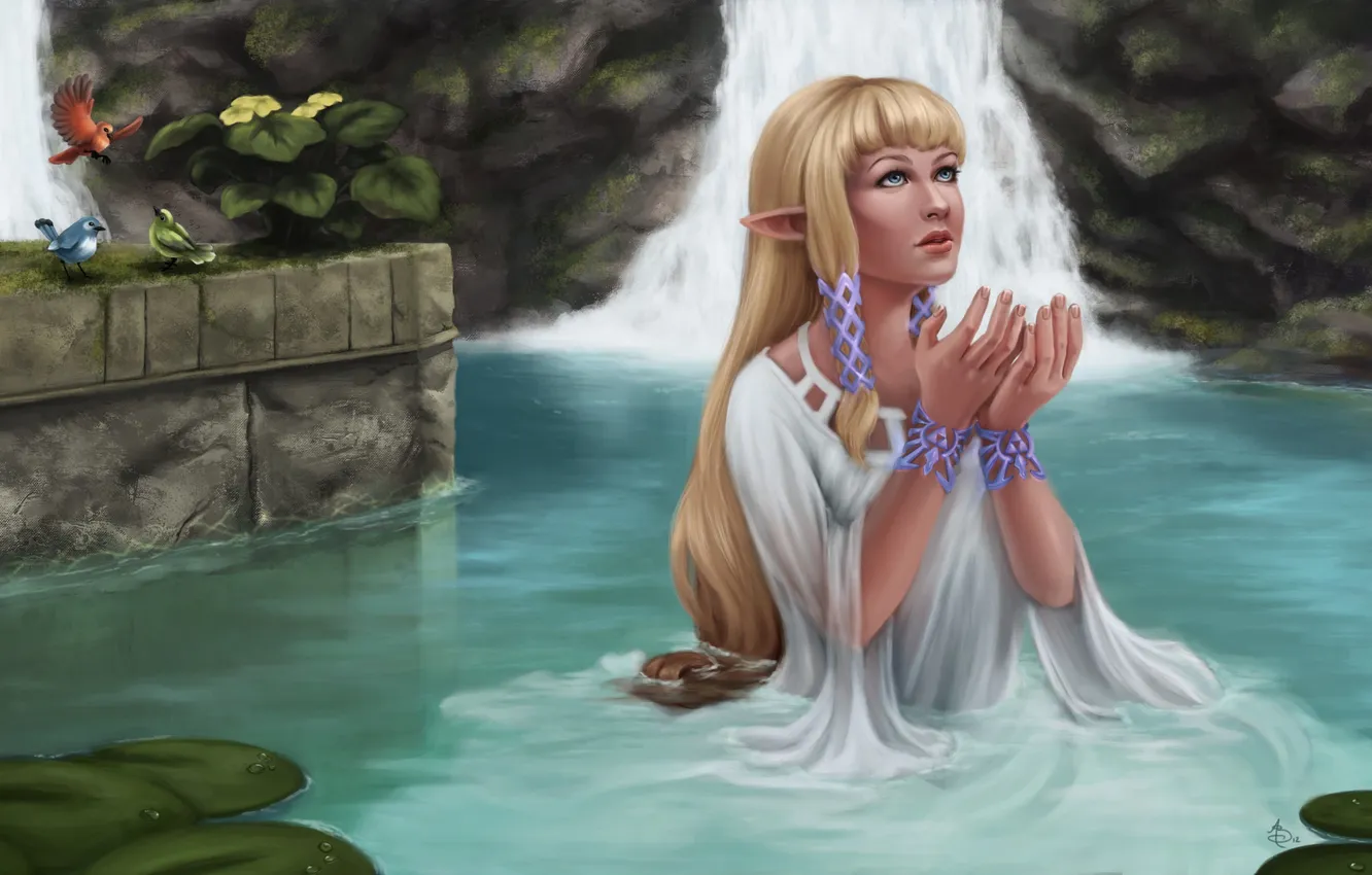 Photo wallpaper girl, lake, bird, waterfall, hands, art, The Legend of Zelda