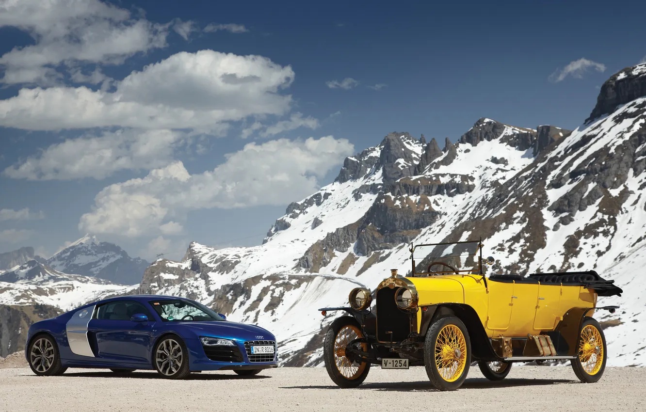 Photo wallpaper clouds, snow, mountains, Audi, Audi, evolution, V10, old and new