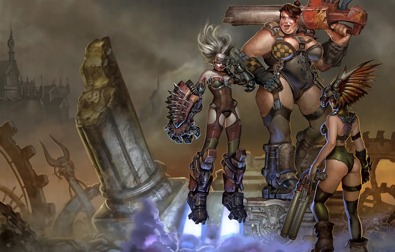 Photo wallpaper girl, weapons, armor, ruins, arena, Ladies, Quake