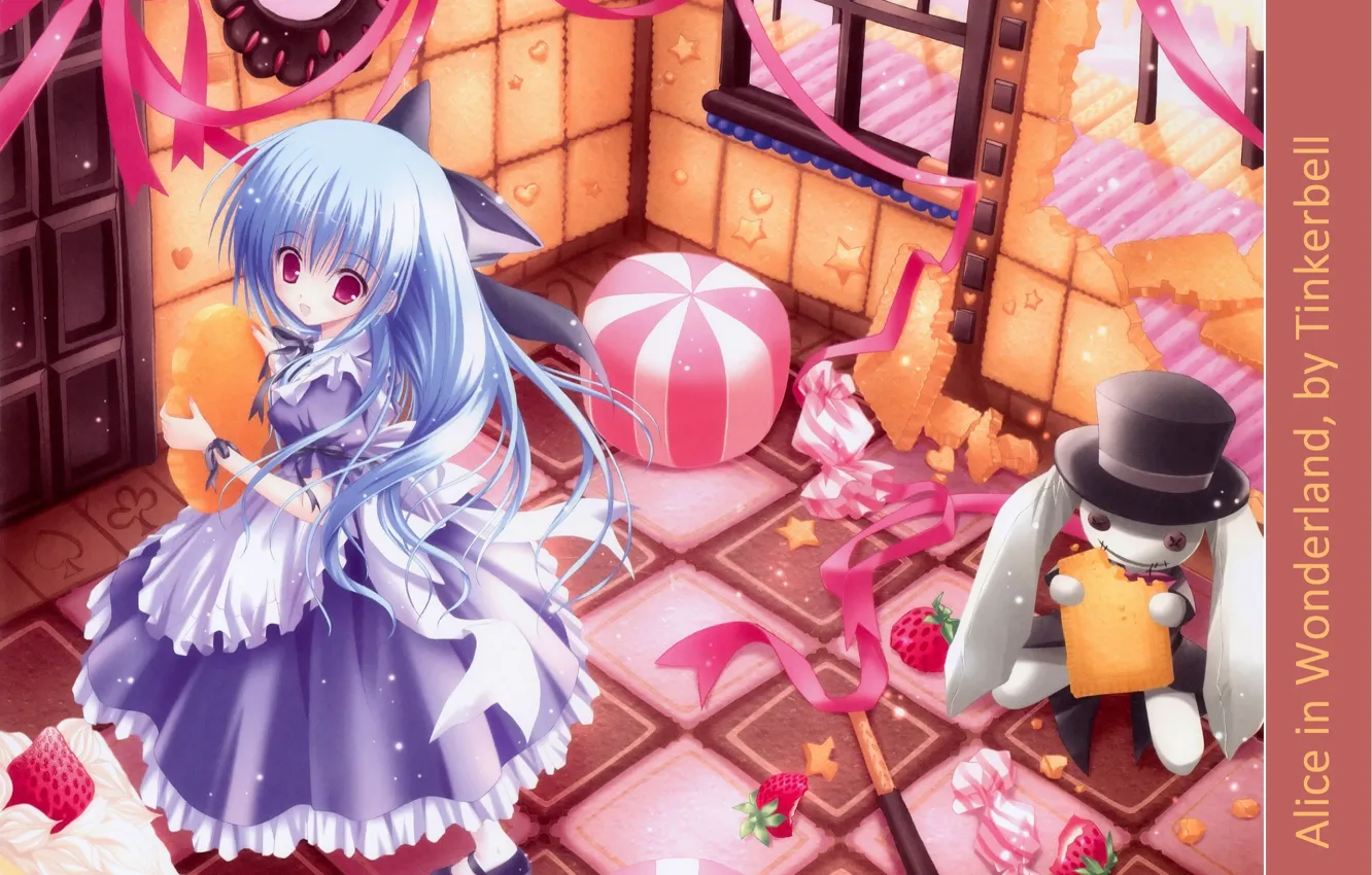 Photo wallpaper cookies, sweets, lollipops, house, Alice in Wonderland, Alice in Wonderland, blue dress, cylinder hat
