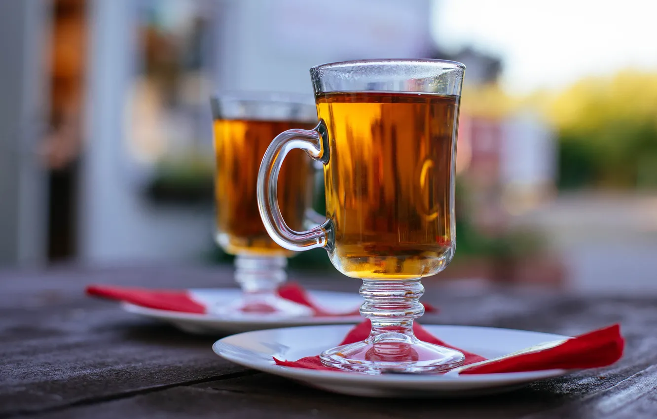 Photo wallpaper glass, light, table, tea, street, glass, pair, Cup