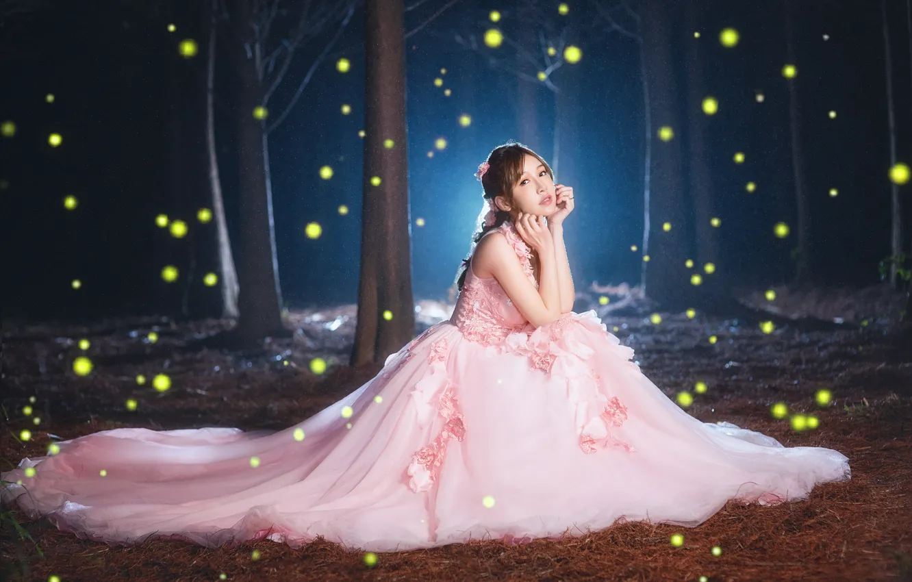 Photo wallpaper forest, girl, light, night, dress, Asian, sitting