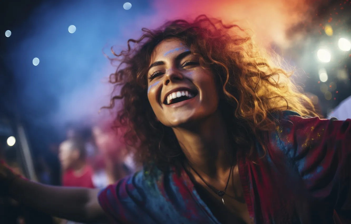 Photo wallpaper Girl, Smile, Hair, Concert, Joy, Digital art, AI art, The Art of Artificial Intelligence