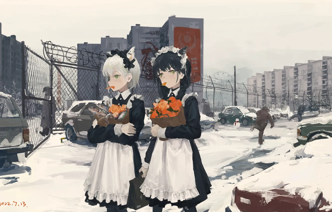 Photo wallpaper auto, snow, the city, people, girls, fish, neko, tangerines