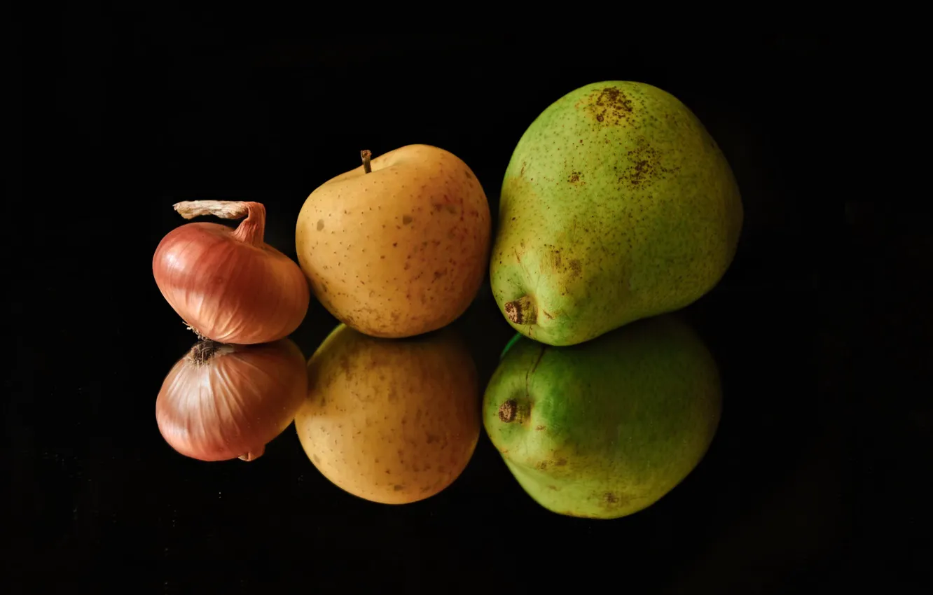 Photo wallpaper reflection, Apple, food, bow, pear, black background