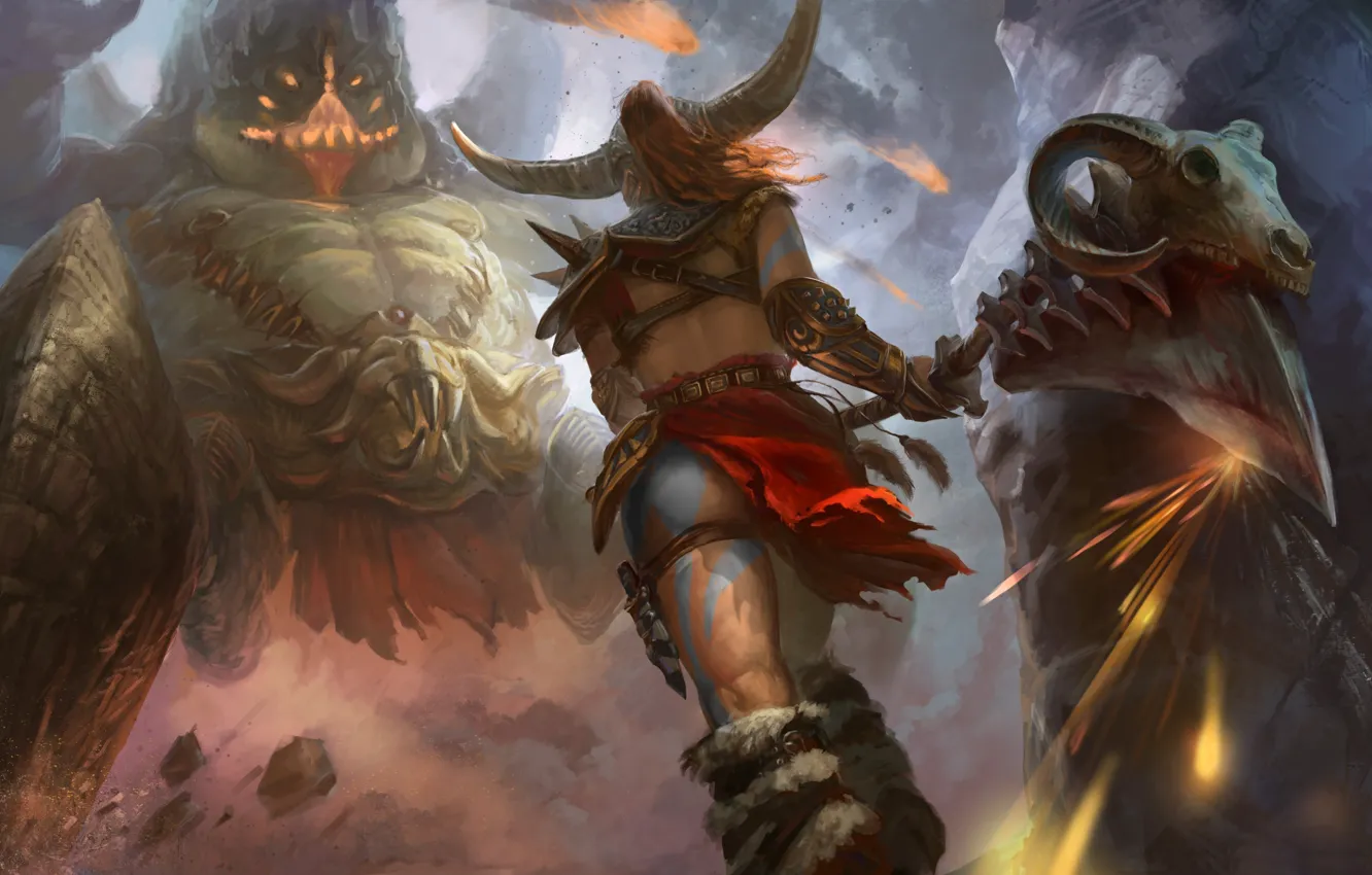 Photo wallpaper girl, weapons, fiction, the game, monster, art, Diablo 3, barbarian