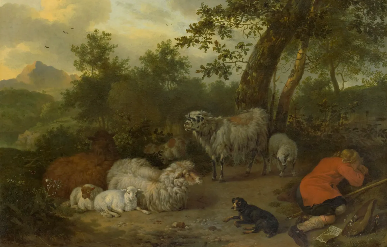 Photo wallpaper animals, oil, picture, canvas, Sleeping Shepherd, Jan van der Meer