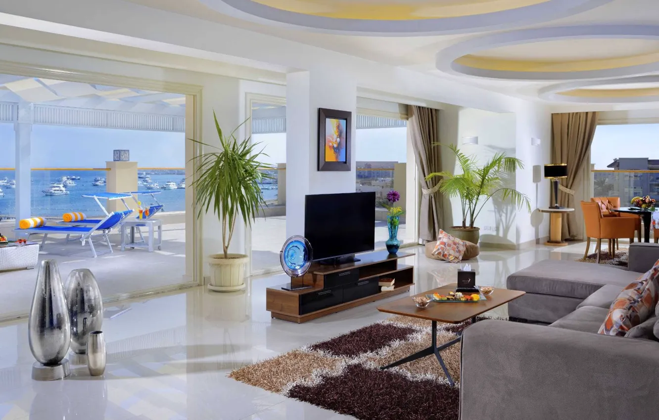 Photo wallpaper Villa, interior, terrace, living room, dining room, villa on White beach