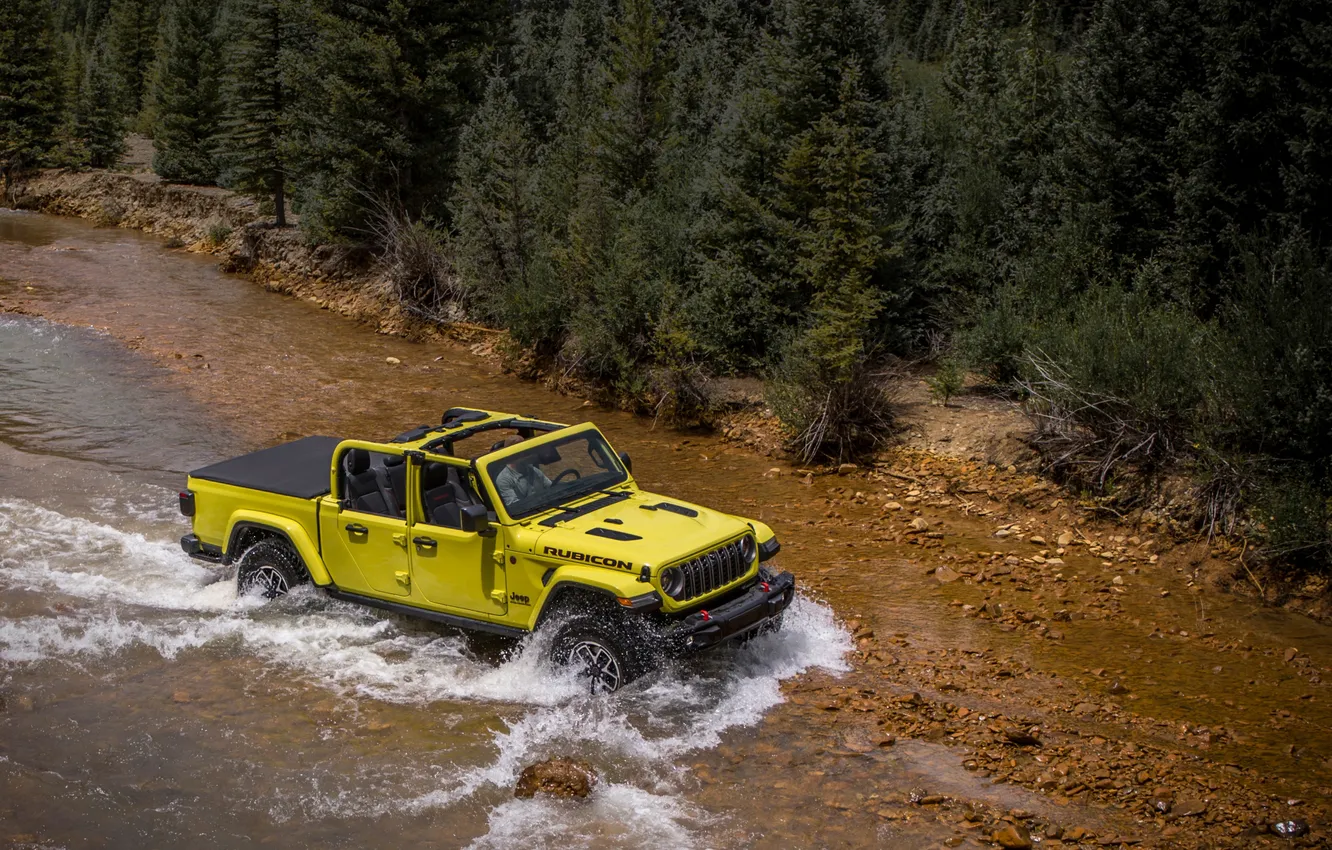 Photo wallpaper forest, yellow, river, Jeep, Jeep Gladiator 2020