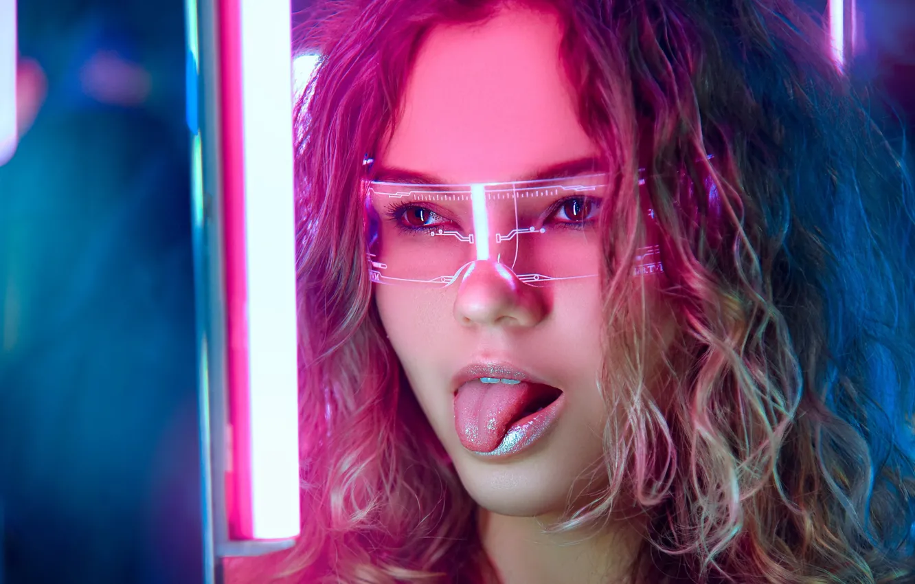 Photo wallpaper language, girl, face, hair, neon, glasses, Konstantin Mikhalev