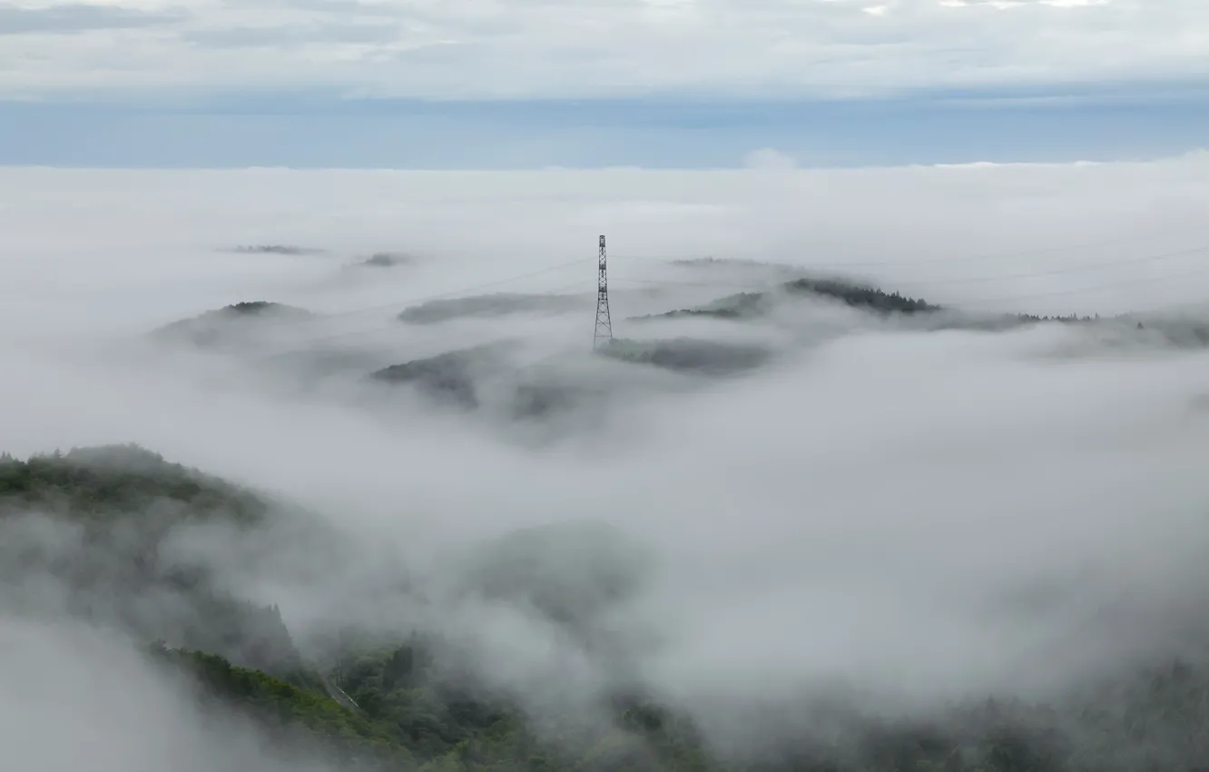 Photo wallpaper fog, horizon, power lines, flat land