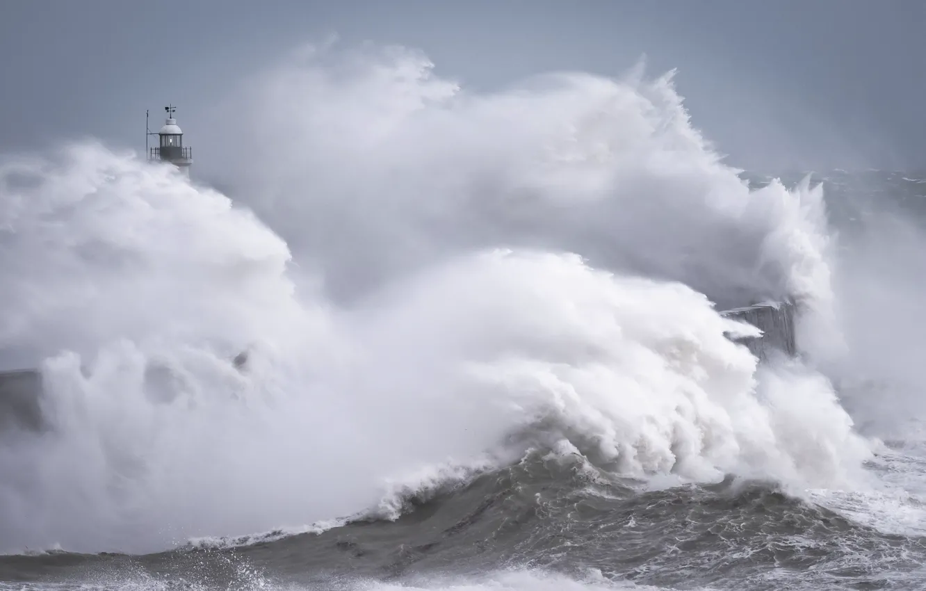 Photo wallpaper sea, wave, storm, fog, element, lighthouse, haze