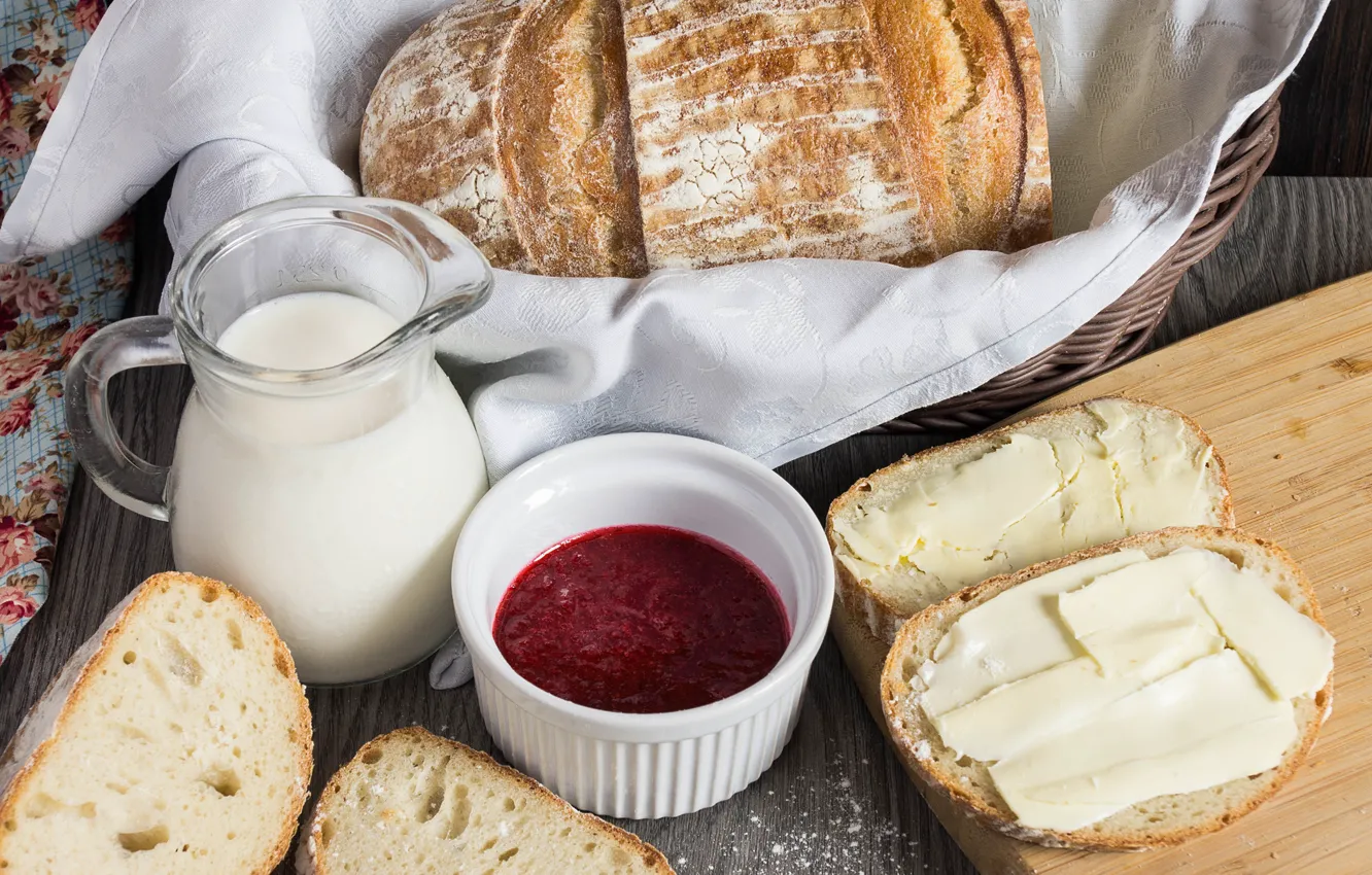 Photo wallpaper oil, milk, bread, jam