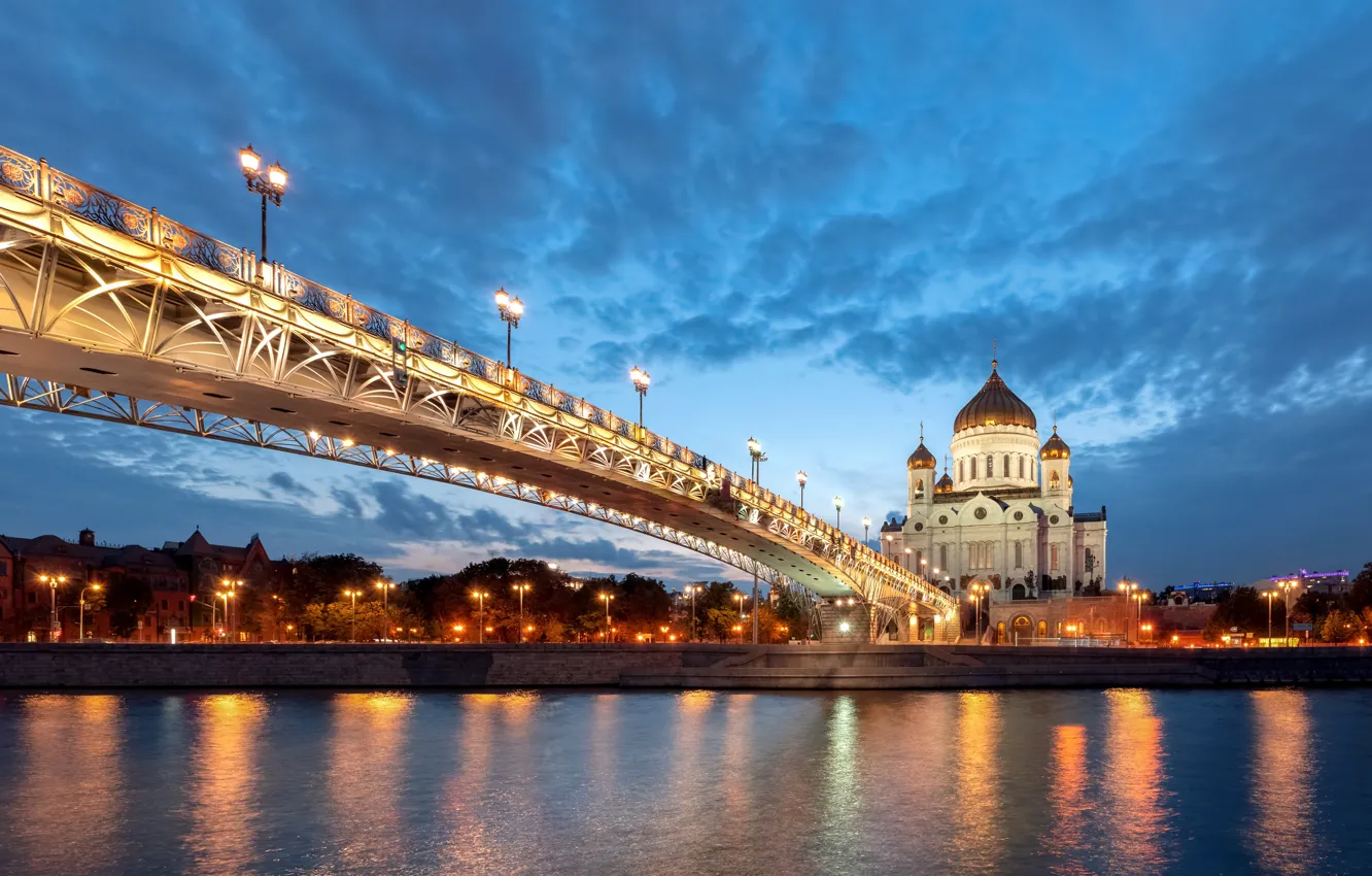 Photo wallpaper night, bridge, the city, river, lighting, Moscow, temple, The Cathedral Of Christ The Savior