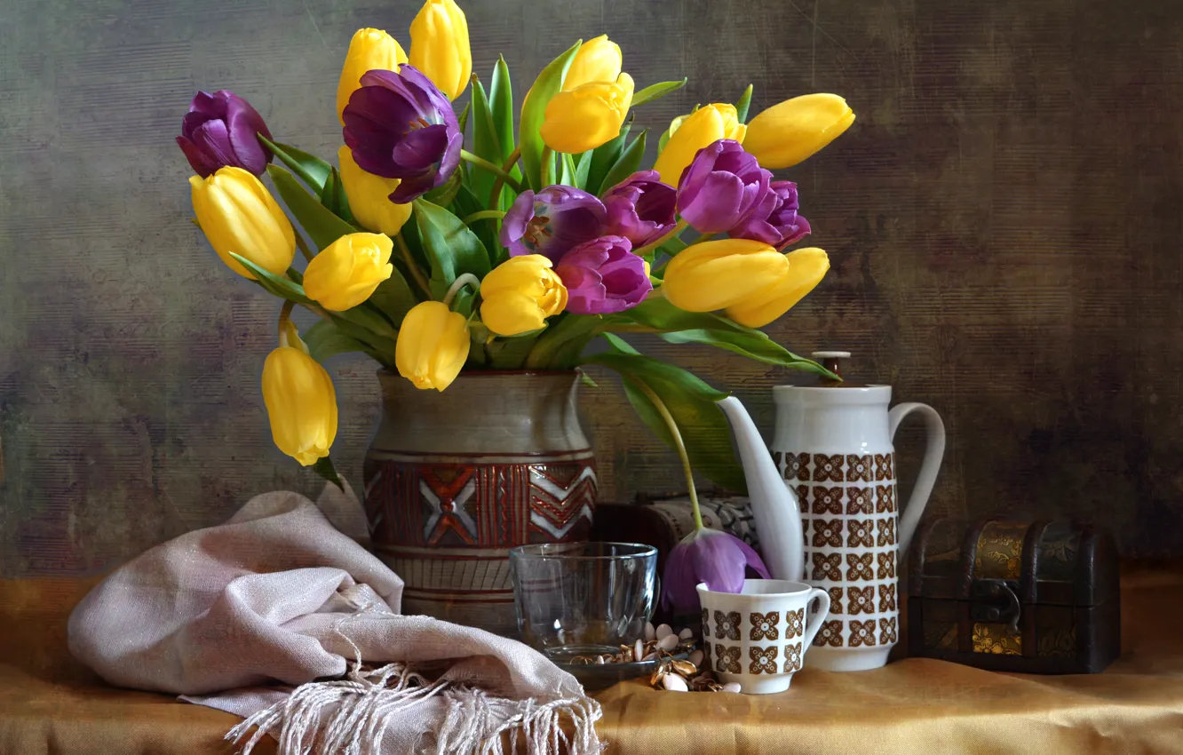 Photo wallpaper flowers, scarf, kettle, Cup, tulips, vase, still life, chest