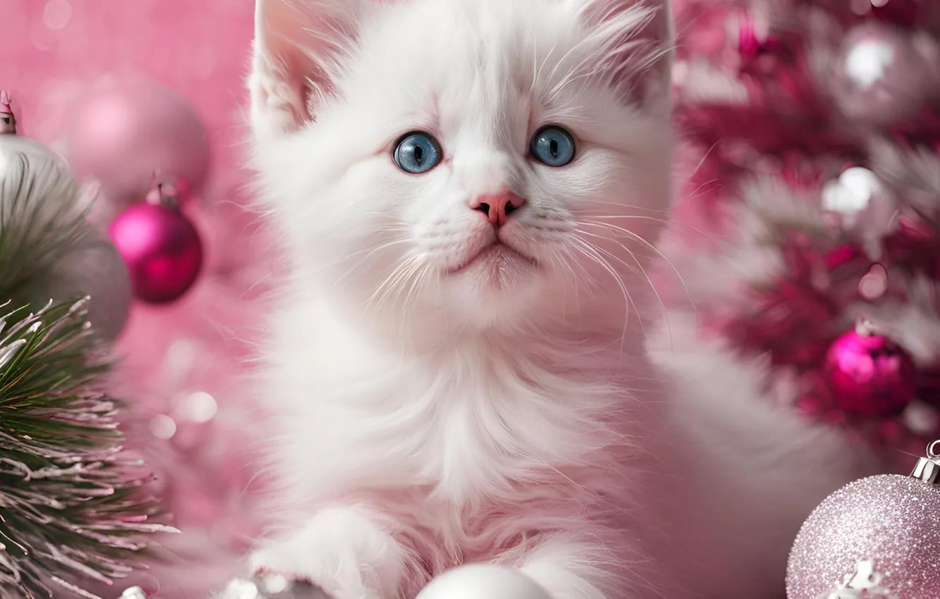 Photo wallpaper cat, white, look, balls, pose, kitty, Christmas, New year