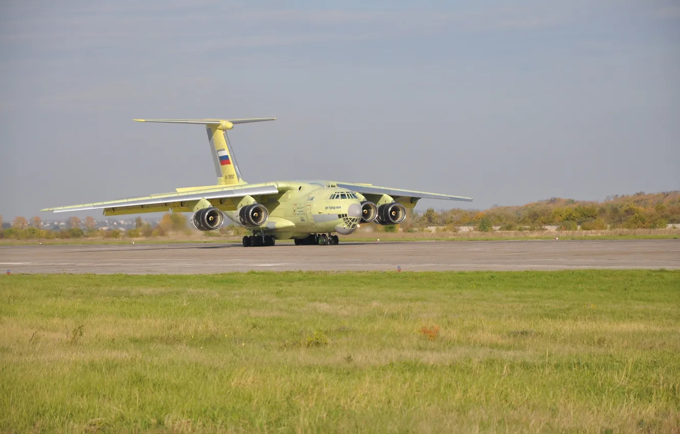 Photo wallpaper grass, the plane, the rise, engines, heavy, military transport, Oak, Il 76MD 90A