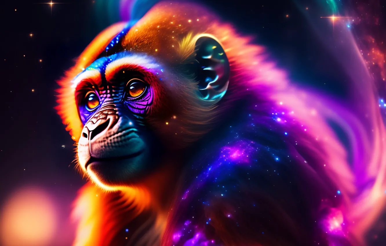 Photo wallpaper Look, Monkey, Neon, Face, Digital art, AI art, The Art of Artificial Intelligence, Neural network